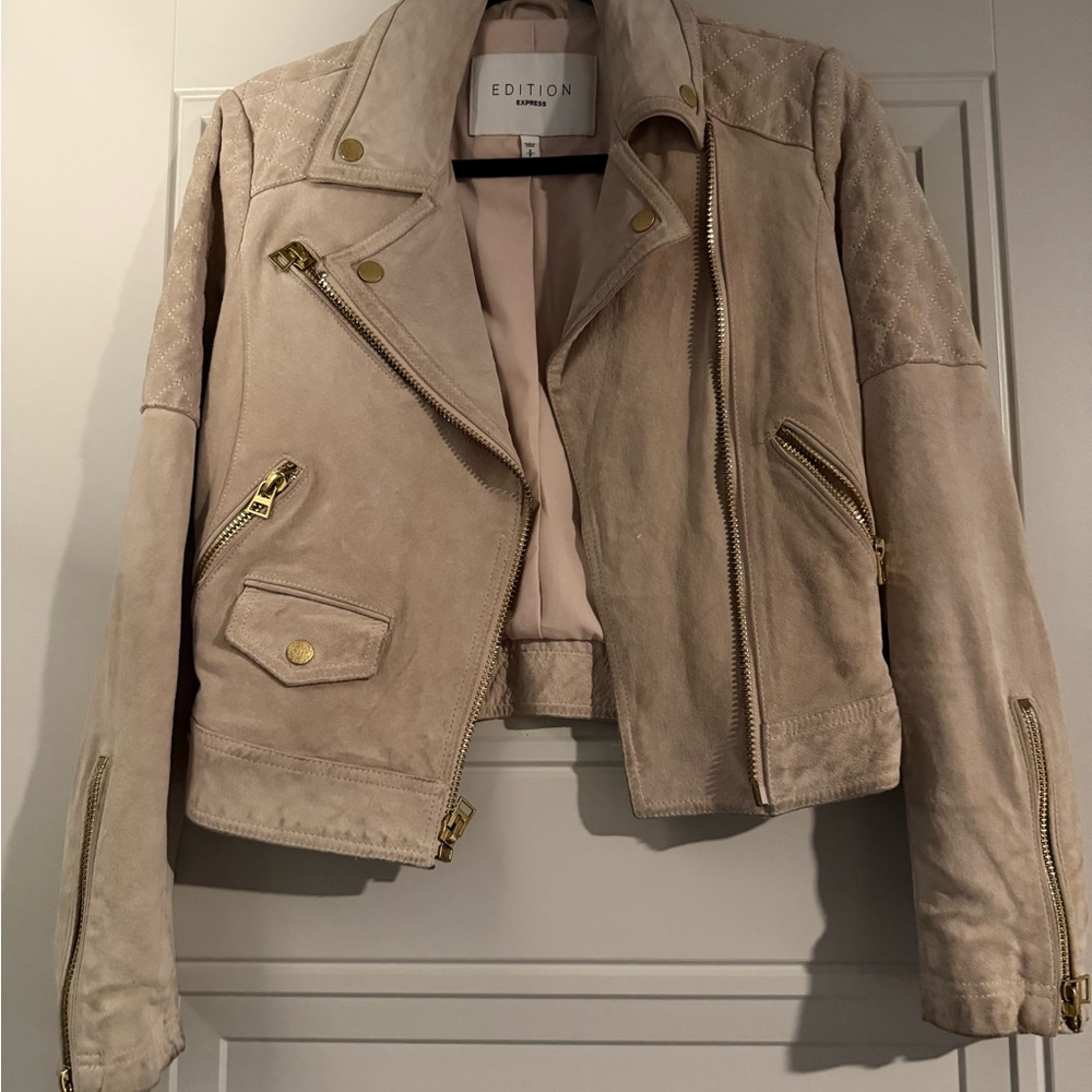 Express Light Pink Leather Jacket with Gold Accents